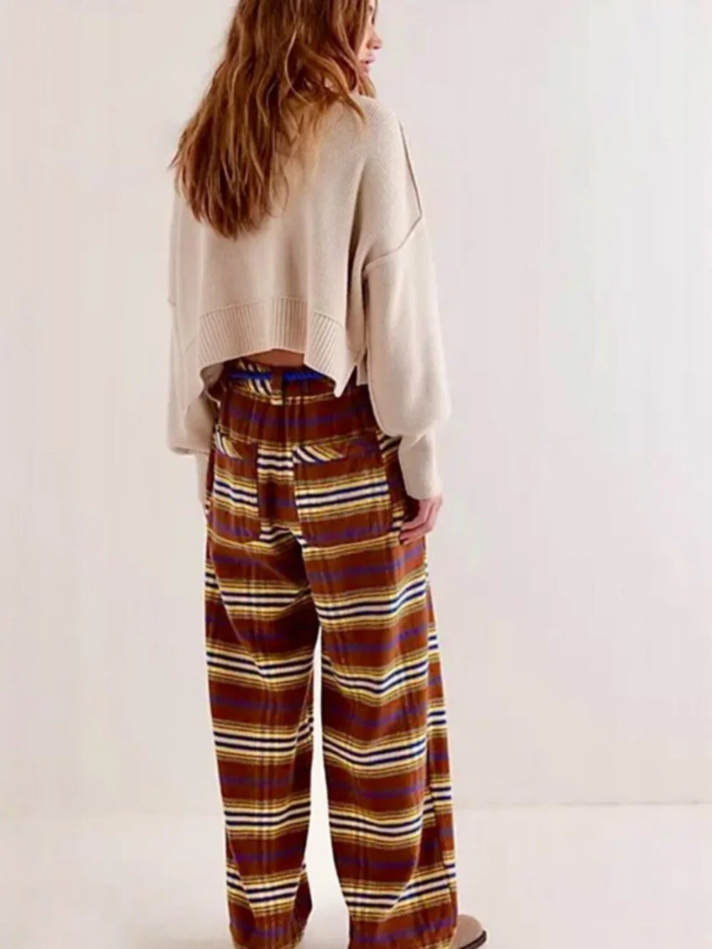 Free People Preppy Plaid Pull On Trousers Pants Striped Printed Straight Leg XS